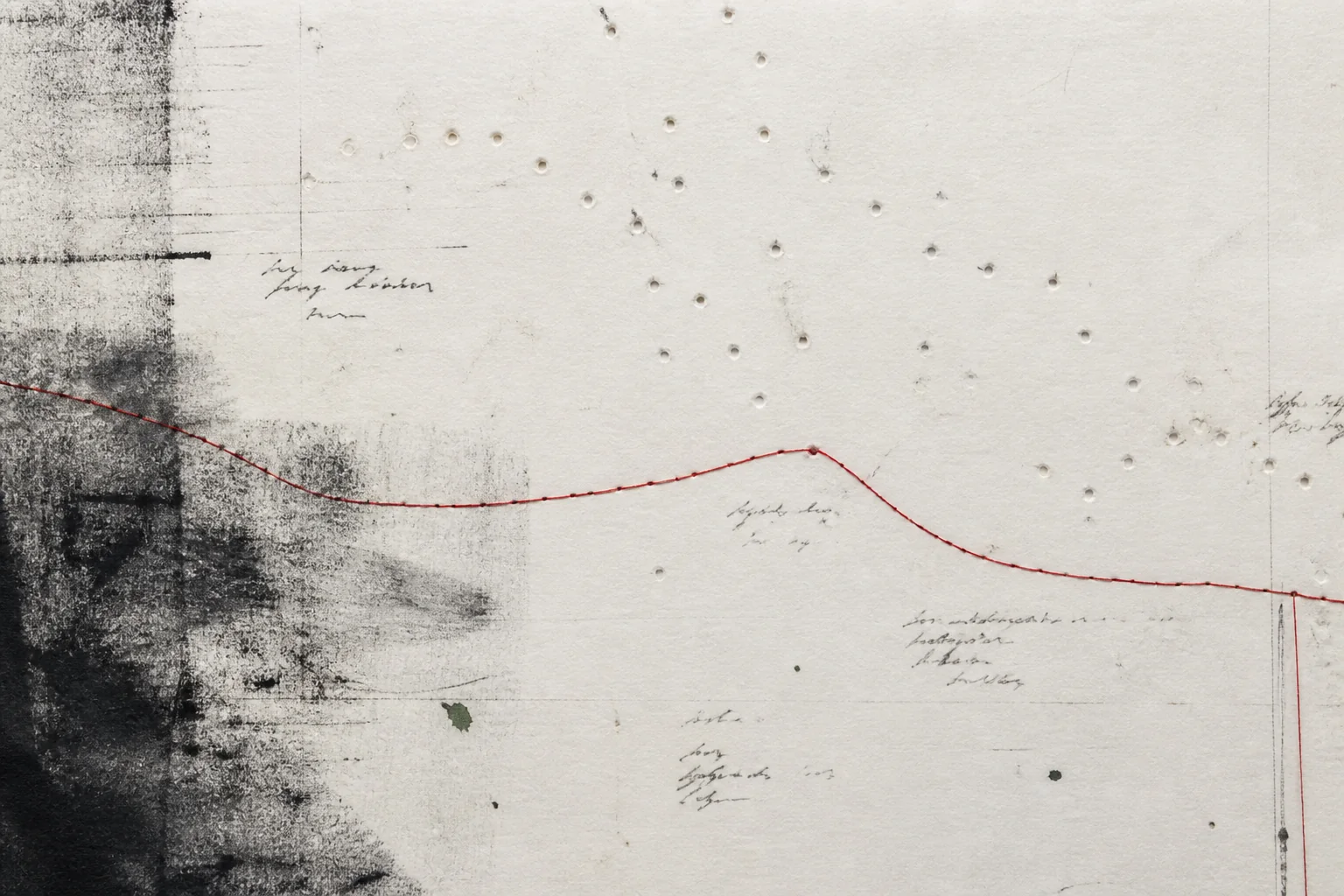 A pale paper work marked by black transfer ink, punctures, and a thin red stitched line.