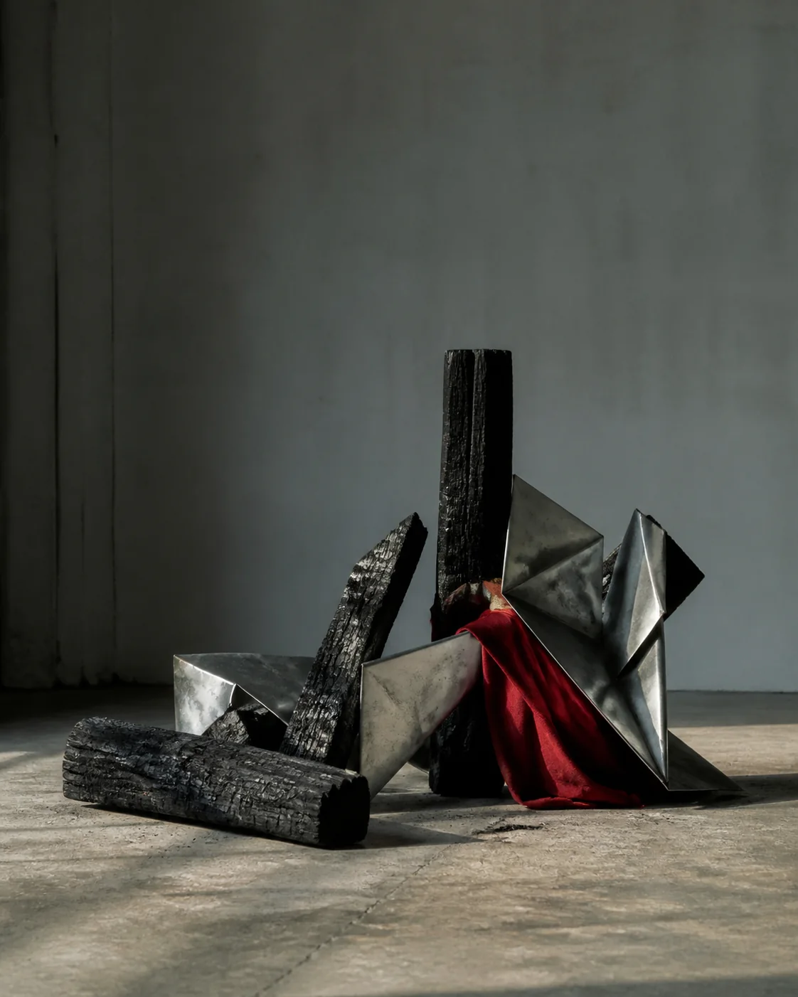 Charred timber and folded aluminium forms gathered around a red textile on concrete.